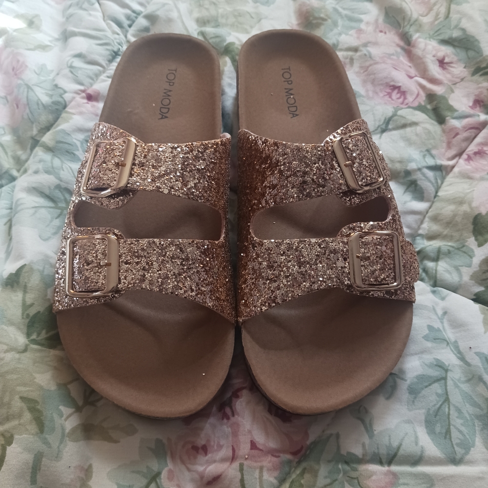 TOP Moda Rose Gold Glitter Double-Buckle Slide Sandals